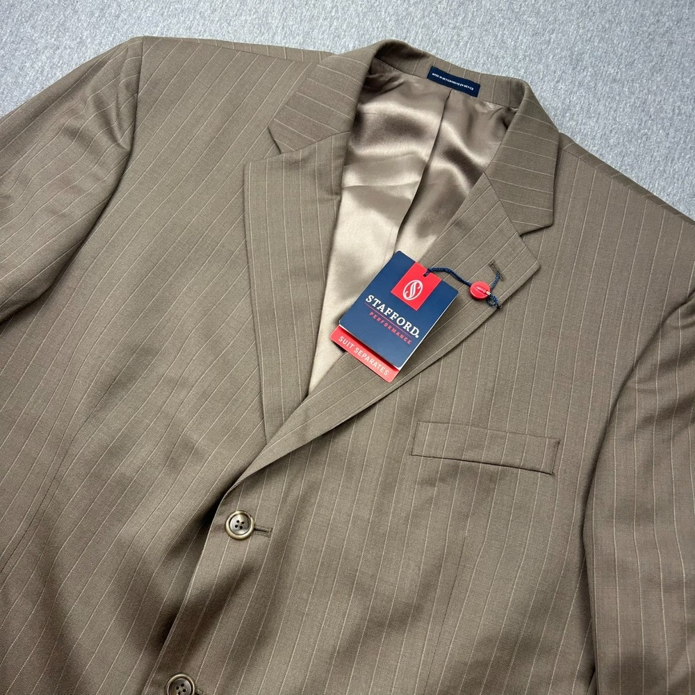 Stafford Performance Classic Fit Worsted Wool Blazer Mens 48R Taupe Striped NEW